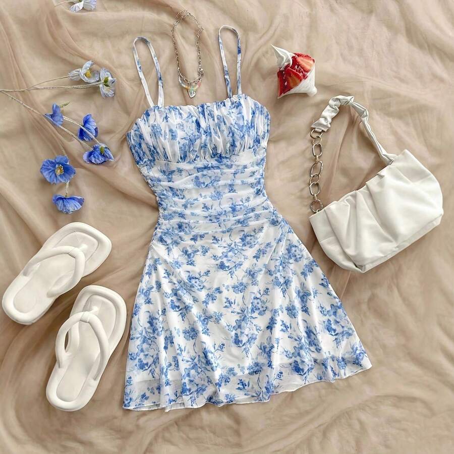 Vestido de tirantes con estampado floral de verano, vestido midi sexy con tirantes finos que estiliza la cintura, atuendo informal para vacaciones en la playa para mujer.