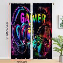2pcs/Set Game Theme Curtains, Vibrant Headphone And Controller Design, Modern Art Privacy Decor Suitable For Bedroom, Living Room, Office Or Dorm, Polyester Fabric Machine Washable, Game Room Decoration, 2D Flat Print - Multicolor - View 14