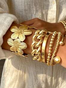Juego de 6 pulseras anchas y gruesas exageradas de cadena cubana de metal pulido, diseño minimalista elegante y exquisito con capas, estilo vintage, con cinta geométrica, flor, cuentas y diseño asimétrico, banda lisa CCB, para uso diario, citas, fiestas, vacaciones y regalo personalizado - Amarillo Oro - Ver 4
