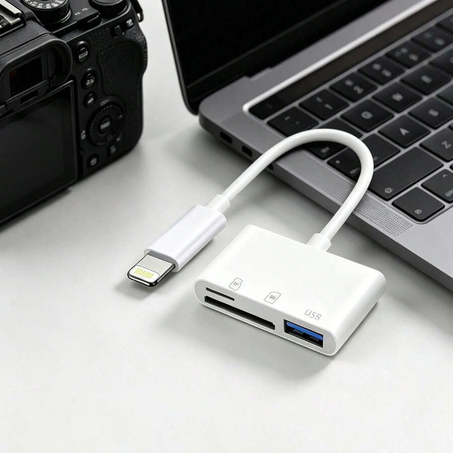3-In-1 SD TF Micro SD Card Reader, USB-C/Lightning Adapter, High Speed Data Transfer, Plug And Play, For Camera/Phone/Laptop, US/EU/UK/AU Compatible - White - View 1