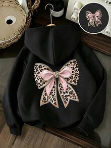 Tween Girl Bow Print Hooded Sweatshirt - Black - View 1