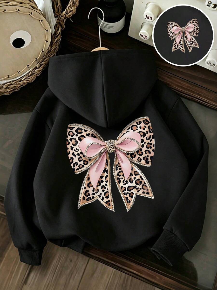 Tween Girl Bow Print Hooded Sweatshirt - Black - View 1