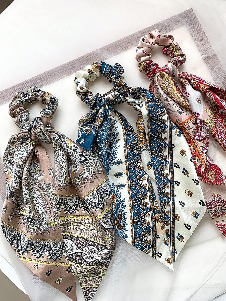 3 Stücke Set französischer Vintage Paris Muster bedruckter Seidenschal Haargummi, Kunstseide Satin Material, Schalband Design, hohe Elastizität, nicht schädigend, niedriger Pferdeschwanz Haargummi - Verschiedenfarbig - Übersicht 1