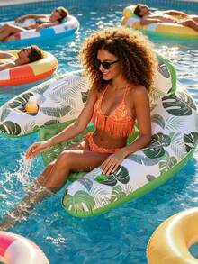 1pc Inflatable Pool Chair Float, Adult Swimming Pool Lounger With Backrest & Cup Holder, Tropical Leaf Print Water Float Seat For Summer Beach, Lake, Pool Party, Relaxing Water Lounge Toy For Adults - Multicolor - View 9