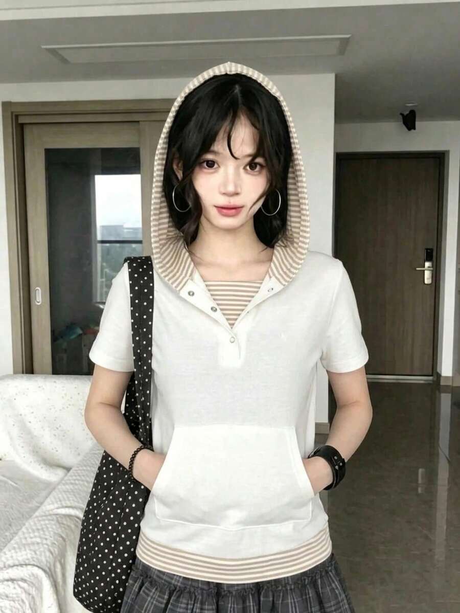 YCYC 韓式風格秋冬條紋拼接鈕扣連帽短袖女款 T-shirt 上衣 - 白色 - 查看 1