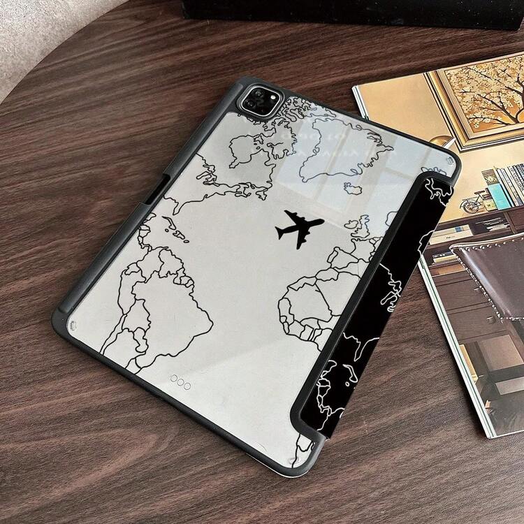 1 Piece Minimalist Black White World Map Airplane Tablet Case With Pen Holder Compatible With IPad 10th Generation 10.9-Inch 2022 Smart Case/ Air 13(M3 2025)/ Air 11(M3 2025)/ 11(A16 2025), Auto Sleep/Wake Function/Stylish Tablet Accessories Compatible With Xiaomi5/5PR/6/6PRO/7/7PRO/Galaxy Tab S10+/S9/A9,Compatible With XIAOMI Pad 5/6/7,Compatible With Huawei Matepad - Multicolor - View 5