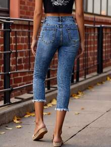 Casual, Minimalist, Versatile All-Match Skinny Denim Jeans, Suitable For Daily Commute, Summer Spring - Dark Wash - View 2