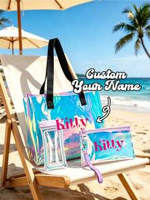 Beach Bag And Zipper Storage Bag, Rainbow PVC Beach Bag With Matching Cosmetic Bag And Waterproof Phone Pouch, Waterproof Laser Women's Shoulder Tote Mesh Bag, Suitable For Swimming Pool, Perfect For Storing Swimwear, Towels, Cosmetics - Multicolor - View 1