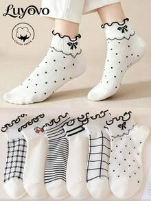 5 Pairs Women's Pure Cotton Short Socks, Spring/Summer Style, Breathable, Suitable For Various Festivals, Casual And Daily Wear, Random Colors - Multicolor - View 2