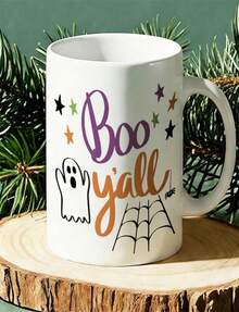 1 Pc 11oz Mug Available In 12 Colors Spooky Halloween Ghost Sticker With Boo Yall Text For Southern Style Decor And Part - Blanco - Ver 1