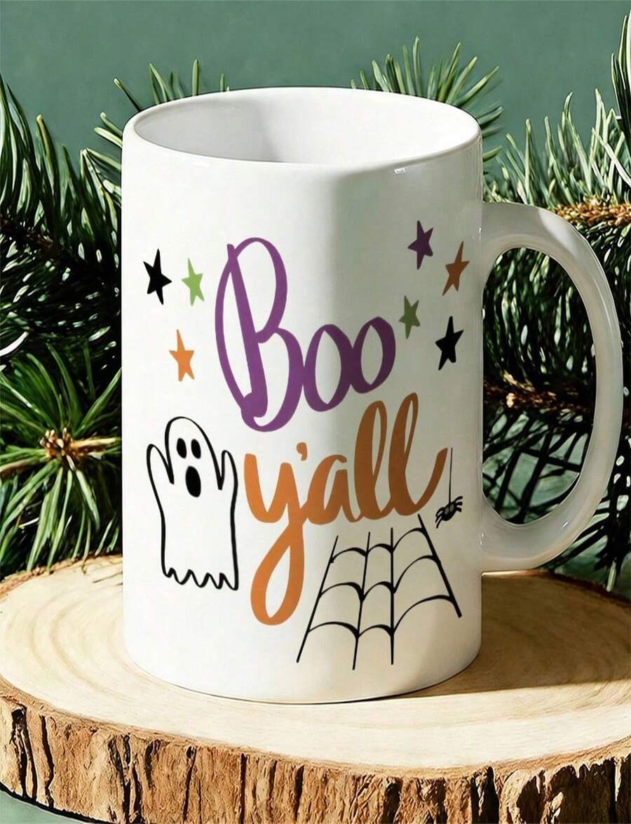 1 Pc 11oz Mug Available In 12 Colors Spooky Halloween Ghost Sticker With Boo Yall Text For Southern Style Decor And Part - Blanco - Ver 1
