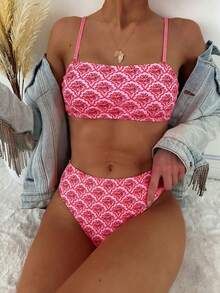 Women's Summer Beach All-Over Print Spaghetti Strap Bikini And Triangle Briefs Swimwear Set Vacation - Pink - View 2
