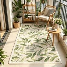 1pc Fresh Mori Style Decorative Carpet, Faux Cashmere Rug, Beige Base With Green Branch & Leaf Design, Plush Long Strip Rug For Bedroom Bedside, Natural Minimalist Beige Background With Green Leaves, Living Room Sofa Area Rug, Healing Wabi-Sabi Artistic Branch & Leaf Design For Entryway Doorway Balcony Decor, Non-Slip Home Decorative Carpet - Multicolor - View 8