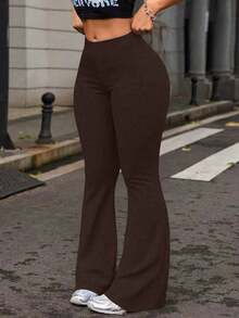 Leggings de yoga de cintura alta de unicolor con campana para mujer, pantalones de entrenamiento, running y fitness de primavera - Marrón - Ver 5