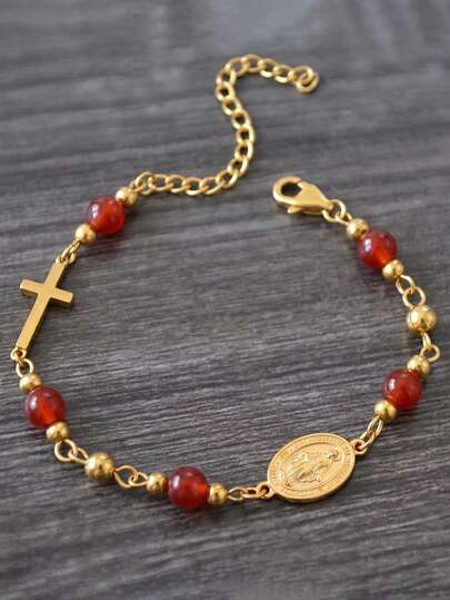 ZIRUISP Pulsera con Medalla de la Virgen María para Mujeres, Pulsera de Cruz de Acero Inoxidable con Cuentas de Piedra Natural, Joyería Religiosa Católica, Regalo de