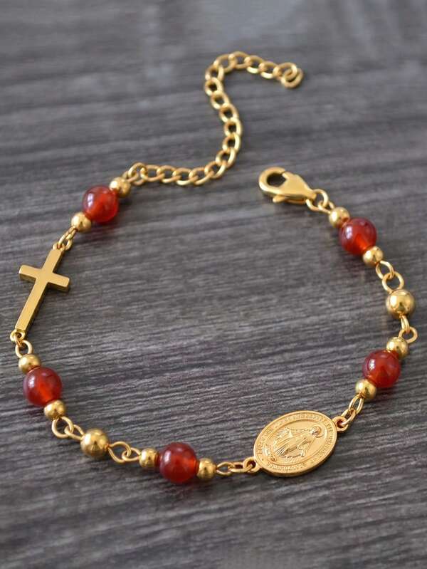ZIRUISP Virgin Mary Medal Bracelet For Women, Natural Stone Beads Stainless Steel Cross Bracelet, Catholic Religious Jewelry, Baptism Gift