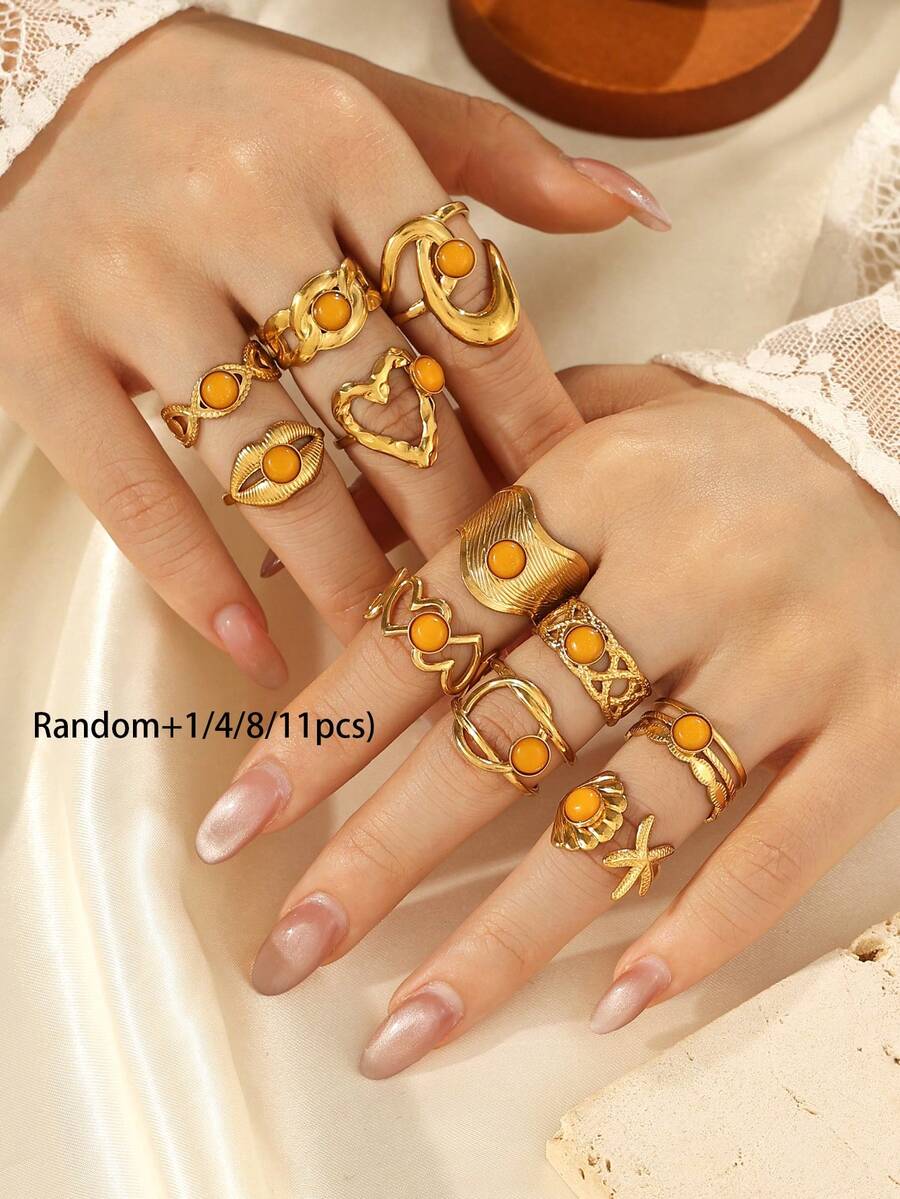 1/4/8/11pcs 304 Stainless Steel 18K Gold Plated Open Ring Set, Oval, Round, Heart, Starfish, Shell, Lips, Eyes Multi- Design Inlaid With Yellow Gemstones, Adjustable Open Band, Versatile For Women, Suitable For Daily, Commute, Date, Layering Wear (Random Assorted Styles), Also Available As A Complete Set - Yellow Gold - View 1