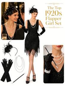 4pcs 1920s Flapper Costume Accessory Set, Includes Sequin Headband, Long Gloves, Prop Cigarette Holder And Multi-Layer Faux Pearl Necklace, Suitable For Vintage Theme Parties And Cosplay,Party - Multicolor - View 1