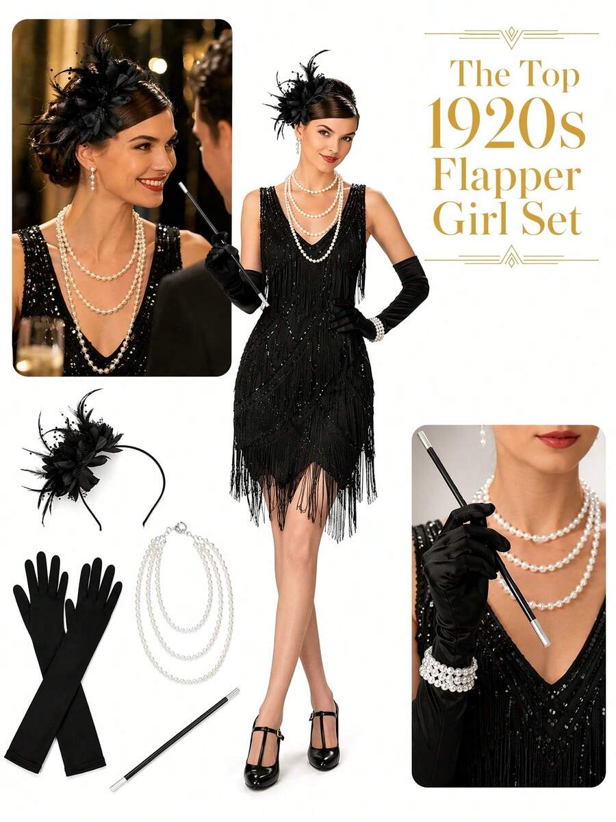 4pcs 1920s Flapper Costume Accessory Set, Includes Sequin Headband, Long Gloves, Prop Cigarette Holder And Multi-Layer Faux Pearl Necklace, Suitable For Vintage Theme Parties And Cosplay,Party - Multicolor - View 1