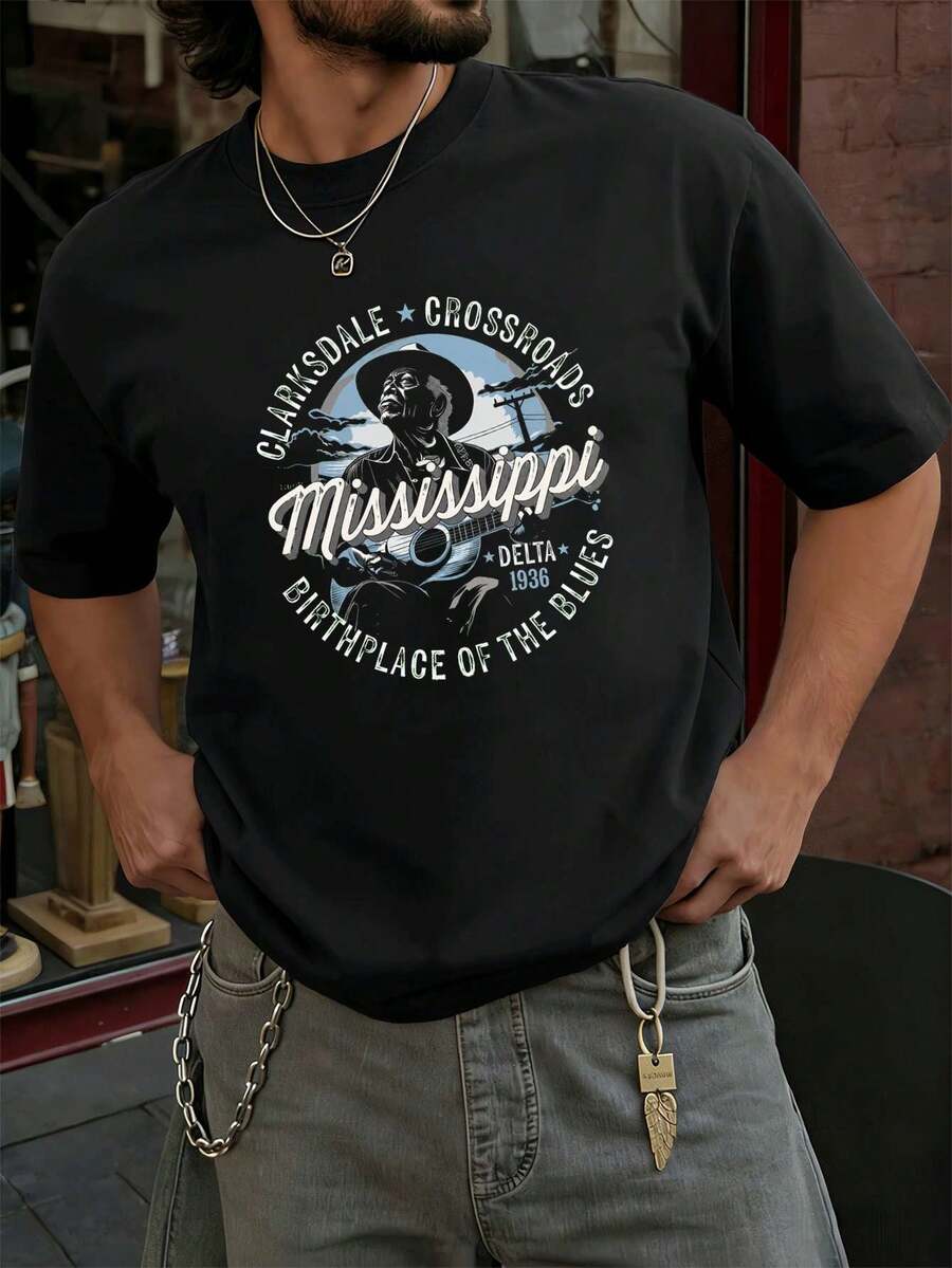 Vintage Mississippi Blues Grafik-T-Shirt, Premium-Material, Bequeme Passform, Atmungsaktiv, L?Ssig, Grafikdesign - Black - View 1