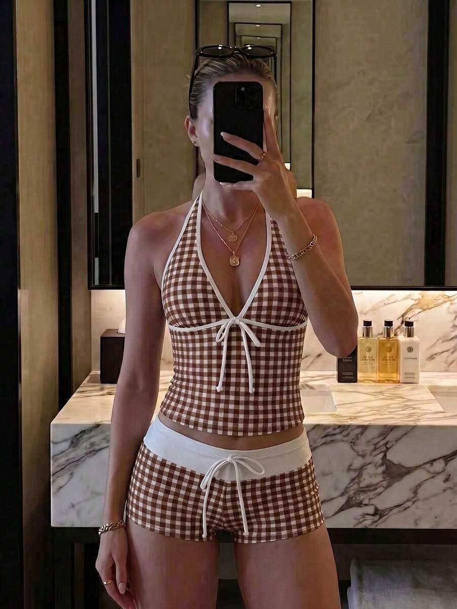 New Summer Fresh Sweet Cute Style Coffee & White Plaid Polka Dot Halter Neck Bikini Set For Beach Vacation Leisure - Multicolor - View 1