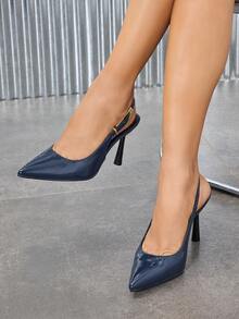 Women's Pointed Toe Slingback High Heel Sandals, Low Vamp Backless Spring Summer Party Banquet Casual Versatile Professional Work Shoes, Elegant And Comfortable - Navy Blue - View 2