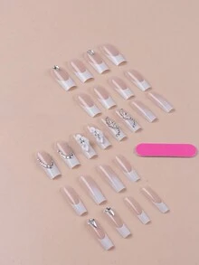 24片棺材形美甲贴纸，法式、花卉、蝴蝶装饰，镶钻闪粉设计，包含1瓶美甲胶水和1个指甲锉，美甲用品 - 彩色 - 查看 3