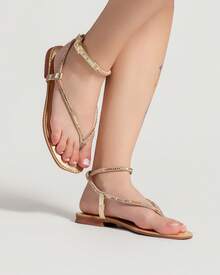 BERALLUTY Comfortable Women's Sandals With Rhinestone Studded Back New Release - 金色 - 查看 6