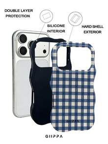 GIIPPA 1件藍白不對稱格紋設計波浪手機殼，適用於Phone 17 Pro Max，相容Phone 16 Pro Max、15 Pro Max、14 Pro Max、11/12/13/14/15/16 Pro Max Plus，韓系高端時尚趣味手機殼，優雅設計男女皆宜，送女友的完美禮物，適合聖誕節、情人節、復活節、婚禮季與生日 - 彩色 - 查看 2