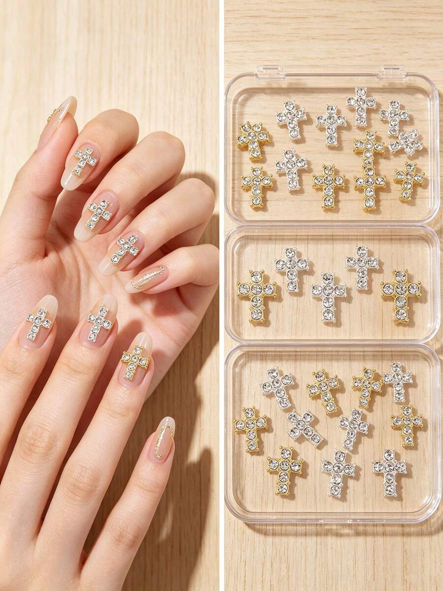 10 pièces/20 pièces Décoration d'ongles style punk en alliage de croix, accessoires de gemmes d'ongles 3D brillantes de style européen et américain, décoration d'ongles faux strass Y2K, accessoires de décoration DIY multifonctionnels, fournitures d'art d'ongles d'été, breloques d'ongles - Multicolore - Voir 1