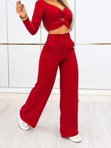 Solid Color High-Waisted Trousers, Casual And Versatile For Everyday Wear, For Spring - Red - View 8