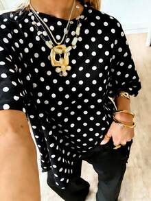 Camiseta de mujer de manga corta y cuello redondo de unicolor con estampado de lunares elegante y versátil, ideal para el estilo de viaje, vacaciones y playa - Negro - Ver 12