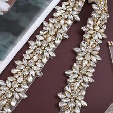 1pc Luxury Bridal Handmade Rhinestone Beaded Waist Belt Sash For Wedding Party - Gold Applique+Organza Ivory Ribbon - View 3