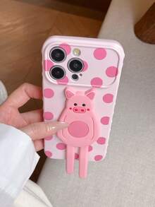 1pc Pink Side 3D Heart, Painted Polka Dot Pattern + Foldable Cute Pig Stand Phone Protective Case, Compatible With IPhone 17/17pro/17promax/16/16pro/16promax/15/15pro/15promax/15plus/14/14pro/14plus/14promax/13/13pro/13promax/12/12pro/12promax/11/11promax - Multicolor - View 6