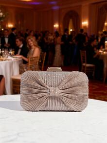 Sparkly Bow Decor Evening Clutch Bag Pleated Handbag Party Bag Shoulder Crossbody Chain Bag Women's Bag Elegant Fashion Versatile Evening Bag For Gowns And Formal Wear For Parties And Gatherings - Champagne - View 2