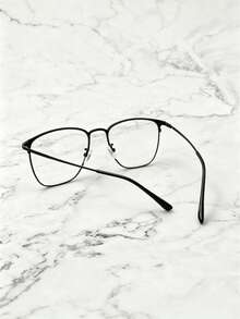1 Pair Men's Classic Black Frame Thin Metal Square Glasses, Lightweight Comfortable Plain Lens, Business Office Decorative Frame, Versatile - Clear - View 3