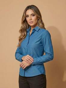 Women's Premium Linen-Style Dress Shirt, Long-Sleeved, Structured, Straight Fit, Plain Polyester With Linen Print - 靛藍牛仔褲 - 查看 5
