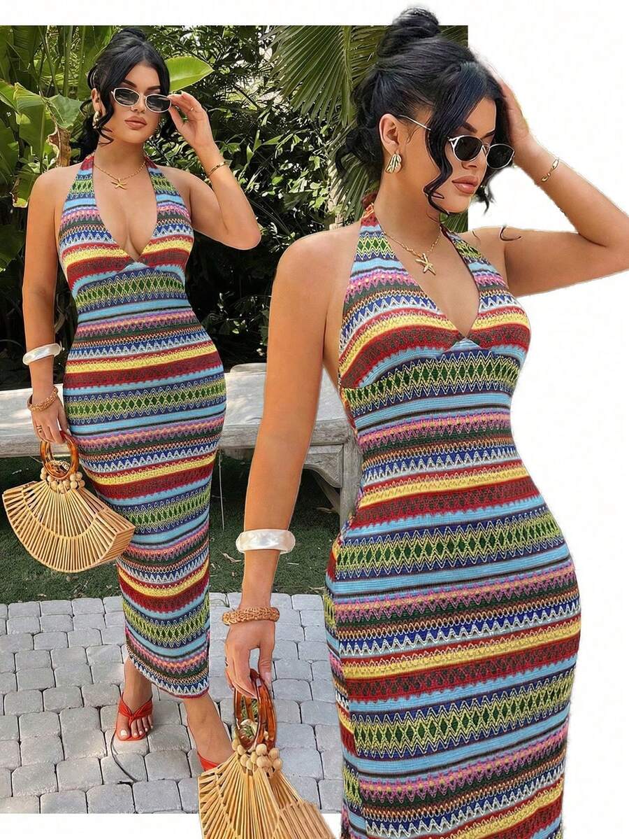 Vestido de tubo con cuello halter a rayas coloridas para mujer de talla grande - Multicolor 3 - Ver 1