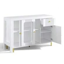 Moderner weißer Buffet-Sideboard mit klappbarer und ausziehbarer Tischplatte, drehbarer Oberfläche, goldenen Metallbeinen, Glasschiebetüren und Wellenmuster – Perfekt für Esszimmer und Küche - Weiss - Übersicht 12