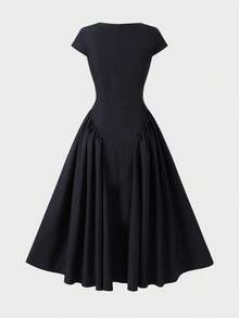 Elegant Casual Daily Commute Date Romantic Square Neck Dress - Black - View 8