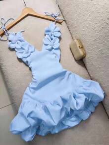 Vestido de cóctel para fiesta de San Valentín, vestido abullonado, vestido mini elegante con tirantes de flores 3D - verde menta - Ver 1