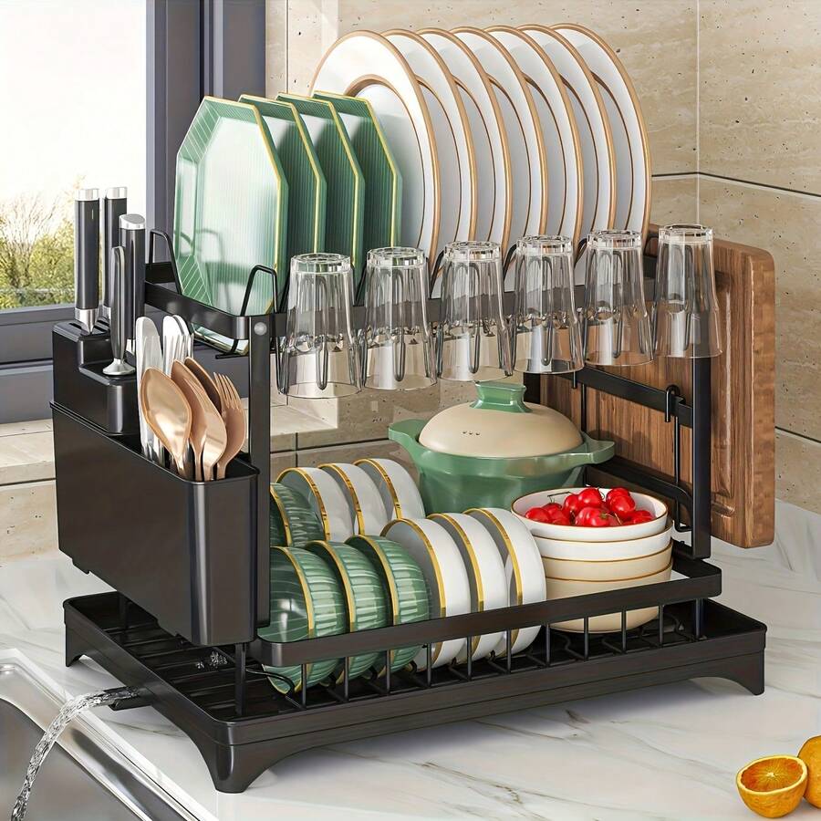 2 Tier Dish Rack Plate Cup Drying Drainer Storage Drip Tray Cutlery Holder Home Kitchen Organizer Carbon Steel