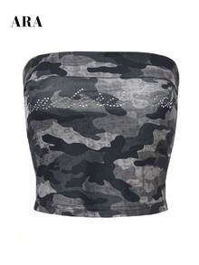 Top de tirantes finos con camuflaje y pedrería para mujer ARA CHIC, bustier corto sin mangas, camisola estilo callejero Y2K de verano - Verde militar - Ver 9