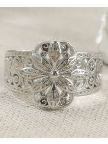 Exquisiter Verlobungsring mit Cut Out Blumendesign, geeignet für Männer und Frauen, Hochzeitsfeier und tägliches Accessoire - Silber - Übersicht 2
