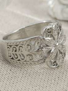 Exquisiter Verlobungsring mit Cut Out Blumendesign, geeignet für Männer und Frauen, Hochzeitsfeier und tägliches Accessoire - Silber - Übersicht 4