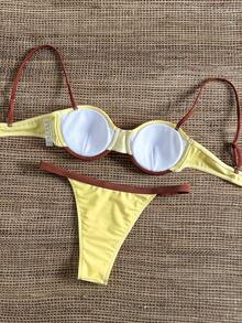 Bikinx Women's Underwire Colorblock Ruched Bust Bikini Set, Spaghetti Strap Backless Tie Swimwear, Suitable For Beach Vacation Summer - Multicolor - View 7