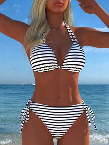 Conjunto de bikini sexy con tirantes halter a rayas para mujer, traje de baño con lazos laterales, traje de baño casual para playa, nueva llegada, atuendos para festival, verano, vacaciones y viajes - Multicolor - Ver 5