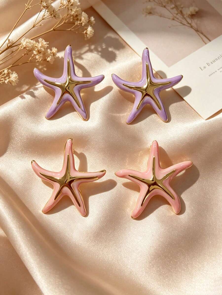 Ins Influencer Style Ocean Theme Starfish Bestie Set 304 Stainless Steel Stud Earrings Waterproof Saltwater Resistant Anti-Oxidation Long-Lasting Bright Glossy Island Outdoor Photoshoot Light Professional Casual Beach Afternoon Tea Outfit Accessories For Girls And Adults Summer Vacation Gift - Multicolor - View 1