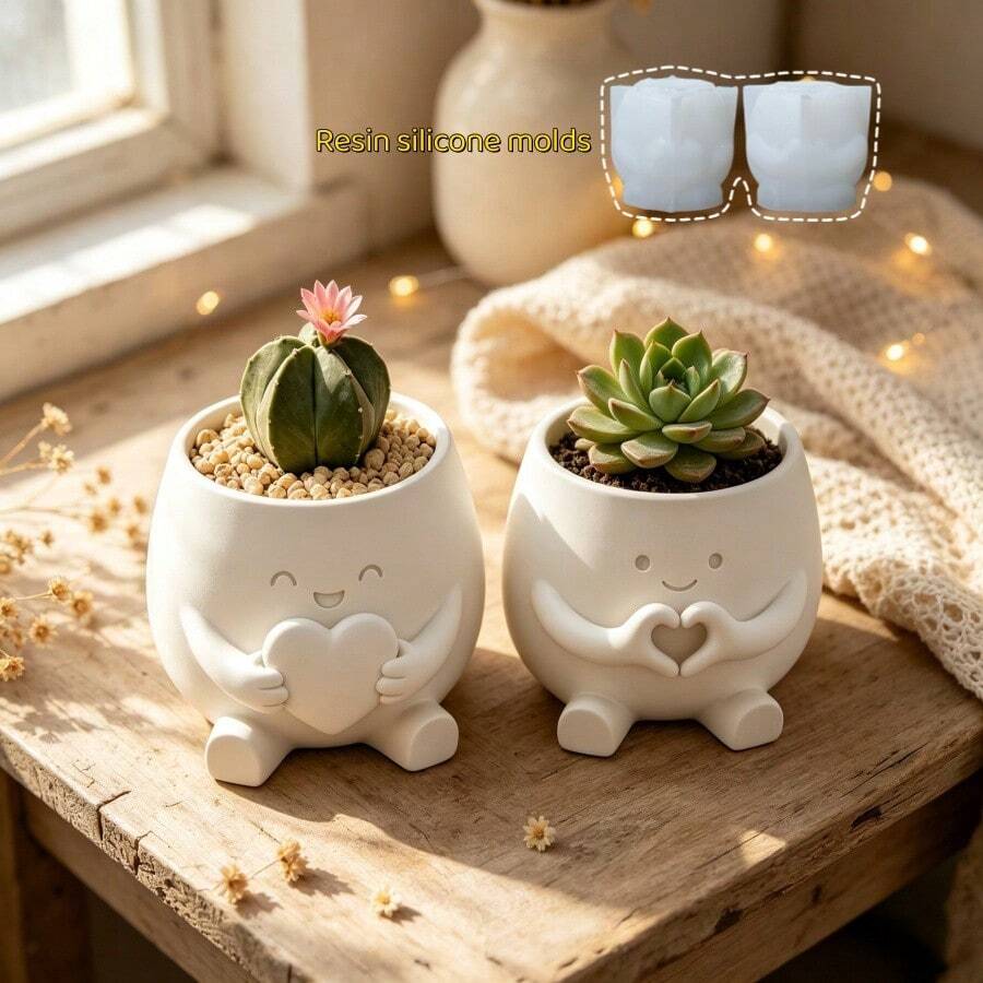 Molde de arcilla DIY de 2 estilos con forma de corazón para maceta ornamental, adecuado para hacer resina, yeso, velas, productos de aromaterapia, decoración del hogar, molde de silicona para mesa - Molde para maceta con forma de corazón - Ver 1