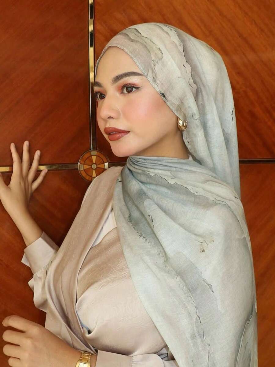 1件女款水洗染花紋印花波西米亞風圍巾披肩頭巾髮帶 時尚長款緞面輕盈大尺寸 日常優雅系列 禮物 旅行阿巴雅配件 - 白色 - 查看 1